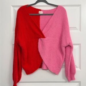 Vici Two-Tone Twist Front Sweater in Red and Pink